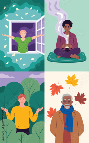 Diverse people embracing nature and mindfulness vector illustration of young man opening window middle aged person meditating in yoga position man surrounded by trees and senior wearing scarf surround