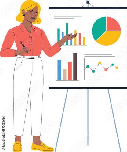 Professional woman presenting business data and charts on flipchart for corporate strategy meeting financial analysis presentation in modern office workspace employee giving presentation for marketing