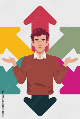 Confused uncertain man shrugging with colorful arrows pointing in different directions vector illustration for business strategy decision making career path options corporate planning and marketing pr