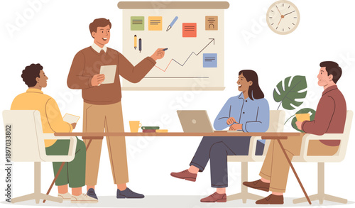 Professional business team meeting presentation with young adult male leader presenting growth chart strategy to diverse colleagues in modern office for corporate planning and collaboration teamwork i