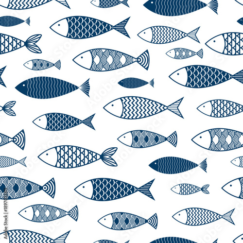 Seamless marine fish drawing pattern. Sea animal background for wallpaper decoration, banners, wrapping paper, seafood restaurant. Vector illustration