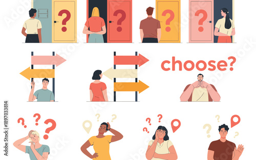 Diverse group of people making difficult choices and decisions with question marks and arrows representing options for business strategy and career path in modern minimalist vector illustration for pr