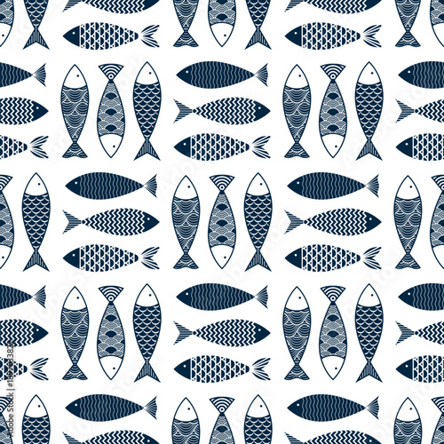 Seamless marine fish drawing pattern. Sea animal background for wallpaper decoration, banners, wrapping paper, seafood restaurant. Vector illustration