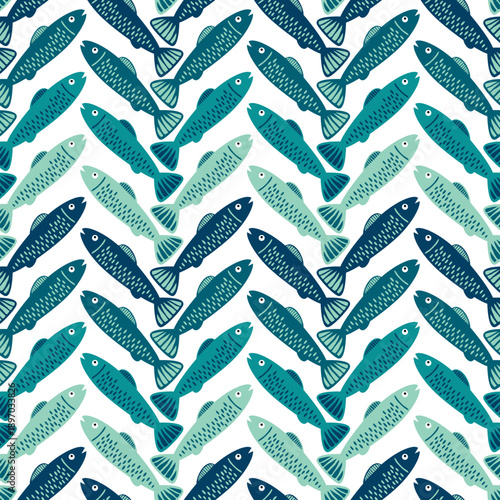 Seamless marine fish drawing pattern. Sea animal background for wallpaper decoration, banners, wrapping paper, seafood restaurant. Vector illustration
