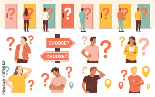 Diverse people making decisions facing multiple choices and opportunities standing before colorful doors with question marks thinking over career lifestyle direction dilemma or solution finding in bus