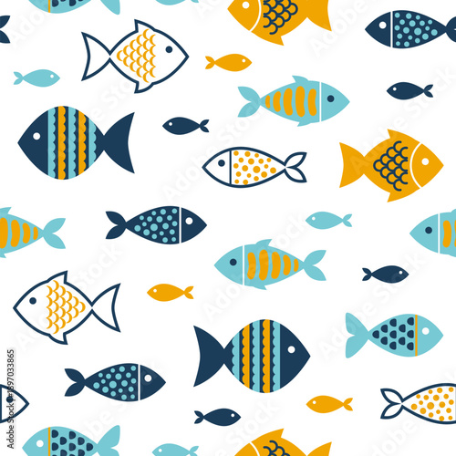 Colorful fish seamless pattern. Sea animal background for wallpaper decoration, banners, wrapping paper, seafood restaurant. Vector illustration