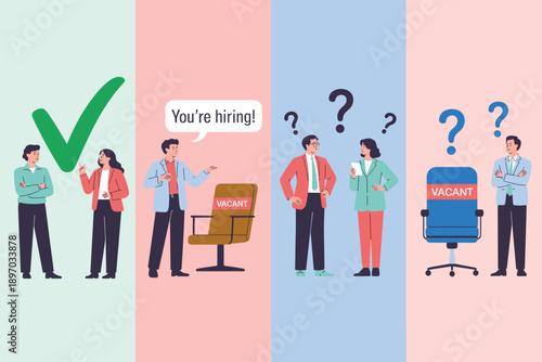 Diverse business people hiring new employee vacancy with vacant seat and question marks job opportunity recruitment employment workforce search career hr management and human resources recruiting tale