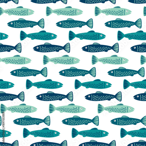 Seamless marine fish drawing pattern. Sea animal background for wallpaper decoration, banners, wrapping paper, seafood restaurant. Vector illustration