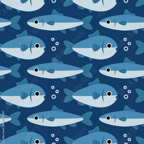 Seamless marine fish drawing pattern. Sea animal background for wallpaper decoration, banners, wrapping paper, seafood restaurant. Vector illustration