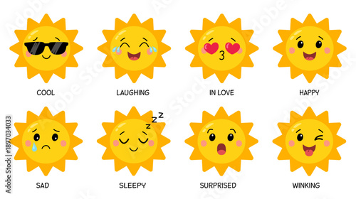 Сute sun emoji faces set with different emotions. Flat vector illustration.