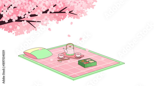 A peaceful picnic scene with a bento box and tea under a blooming cherry blossom tree.