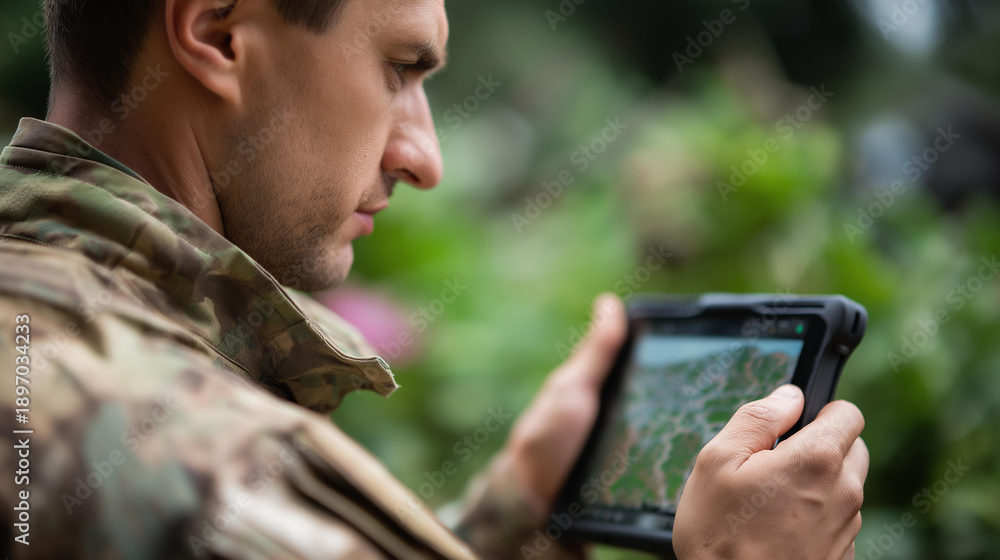 Obraz premium Faceless soldier looking at tablet displaying drone footage of border, defocused reflection faintly visible in screen glass, surveillance monitoring, tactical intelligence, with