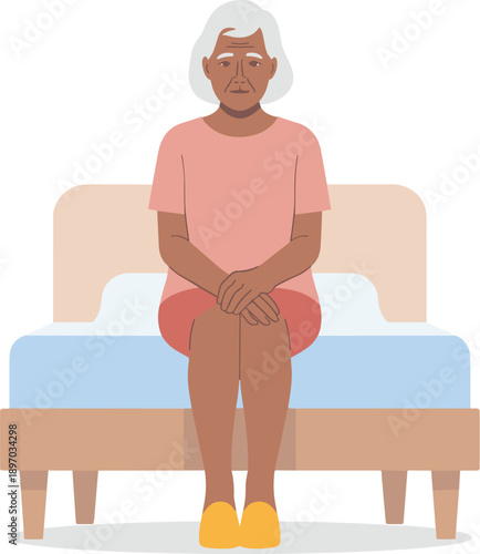 Worried senior woman sitting on her bed feeling lonely and depressed in bedroom elderly character with grief and mental health issues for nursing home healthcare and retirement living concept illustra