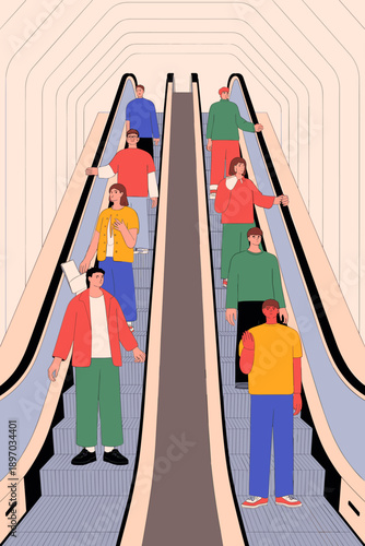 Diverse group of people riding escalator in modern urban building flat design illustration concept for city life public transportation or business meeting vibrant color palette and contemporary graphi