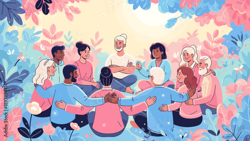 Group of diverse people in a circle, embracing each other, fostering community and support.