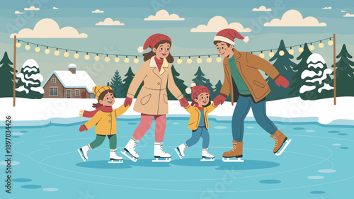Happy family ice skating on frozen winter lake together enjoying festive holiday season fun recreation outdoor activity lifestyle illustration for family bonding vacations christmas celebration and re