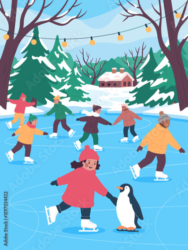 Group of cheerful children ice skating on outdoor rink with penguin friend winter season illustration in snowy landscape for family fun holiday celebration seasonal outdoor activity and recreational w