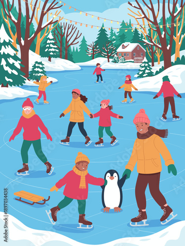Group of diverse people ice skating on outdoor rink in snowy winter landscape with house trees penguin and string lights active families enjoying winter sports festive season illustration for holiday