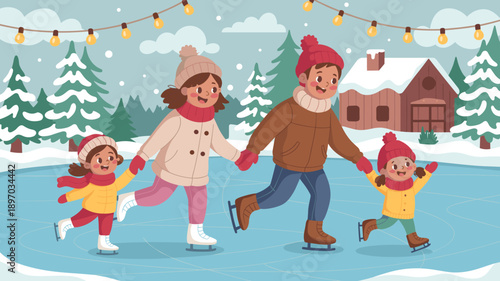 Happy cartoon family ice skating together outdoors in winter landscape with snow covered trees and cozy cabin for holiday season fun and recreation family time activities vector illustration for seaso