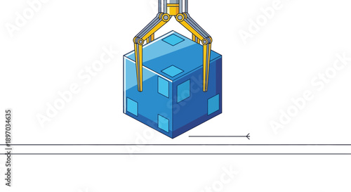 Industrial Robotic Claw Grasping Blue Cube. Automated Logistics, Warehouse Management, and Data Handling Technology Vector Illustration.