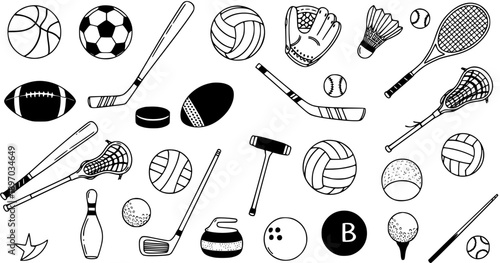 Sports Equipment Line Art Set. Hand-Drawn Black and White Outline Doodles of Balls, Racquets, Sticks, and Gear for Various Games  Recreation Activities.