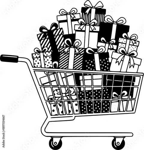 E-Commerce Shopping Cart Filled with Gift Boxes for Online Sales Vector
