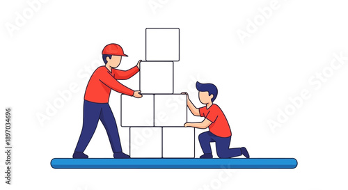 Teamwork and Collaboration Concept. Workers Stacking Building Blocks. Business Development, Construction, or Foundation Flat Line Illustration.