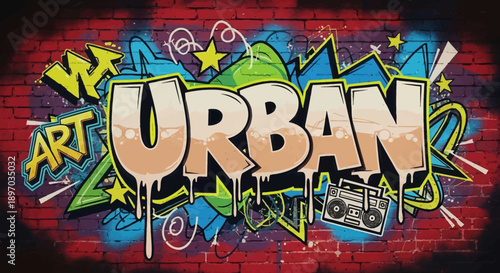 Vibrant and colorful graffiti artwork on a red brick wall, featuring the bold word 'URBAN' with various street art elements like bubbles, stars, and a music player, representing modern street culture