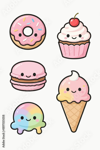 Cute kawaii style dessert illustrations happy pink donut, cheerful cupcake, sweet macarons, colorful melted ice cream, and smiling ice cream cone