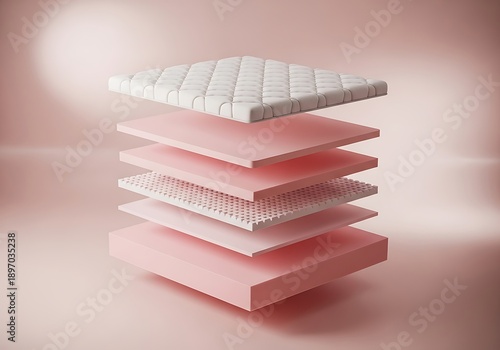 Layers of a pink mattress floating in a soft minimalist composition