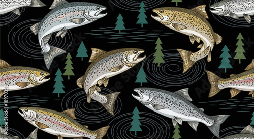 Seamless pattern of various fish (salmon, trout) swimming among pine trees and swirling water patterns on a dark background, depicting a peaceful natural environment for fishing
