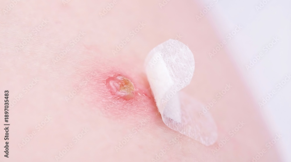 Fototapeta premium Close up of a blister on skin with a hydrocolloid bandage nearby