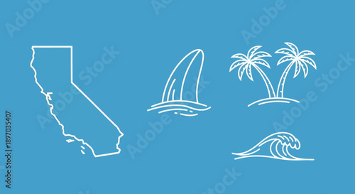 Minimalist blue background with white line art icons of California state outline, palm trees, a shark fin, and an ocean wave, representing coastal beach life