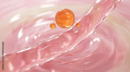 Abstract close up of swirling pink and white liquid with orange droplets