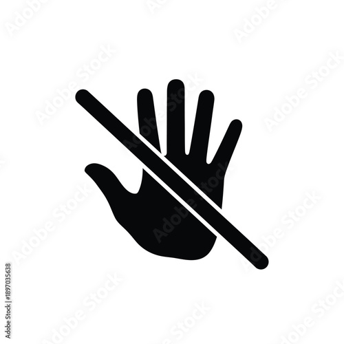 Black hand with palm facing outwards and diagonal line through it, , symbolizing rejection or refusal