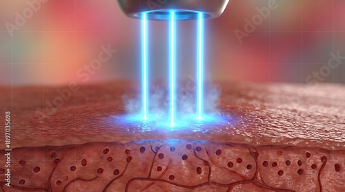Laser treatment device emitting blue light onto human skin showcasing subsurface effects