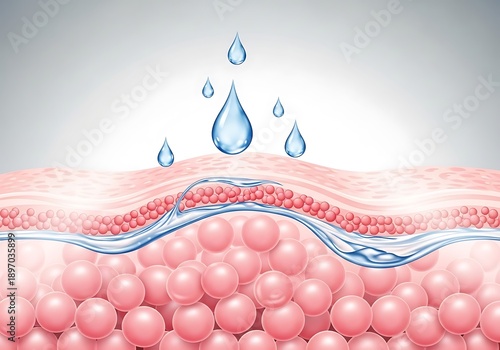 Illustration of skin layers with water droplets demonstrating hydration process