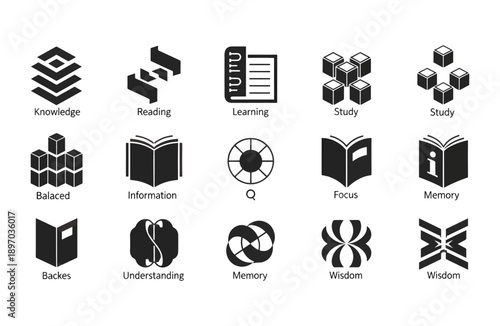 Premium Knowledge  Education Abstract Icon Set  15 Vector Symbols for Learning, Wisdom, Memory, Study, and Academic Branding Design