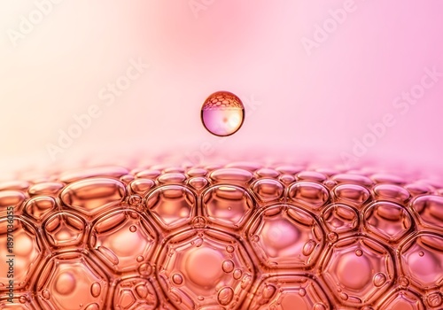 A single water droplet suspended above a bubbly textured surface in pink hues