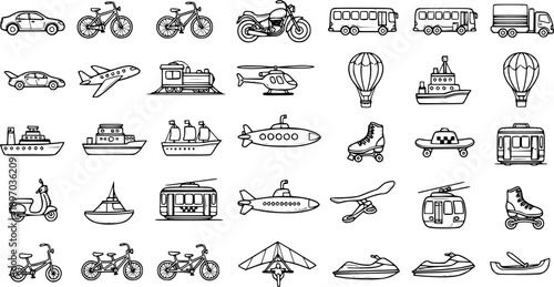Black and White Line Art Hand Drawn Transportation Icons Set. Doodle Style Vehicles and Travel Modes Collection.