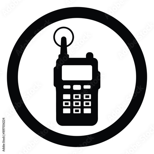 Black and white illustration of a walkie talkie in a circle