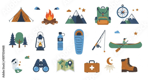 Collection of Camping and Outdoor Adventure Icons.