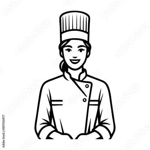 Dibujo sencillo con líneas de una mujer sonriente con uniforme de cocinero 