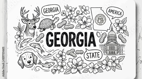 Georgia State Cartoon Vector – Fun Hand-Drawn Icons Featuring Peach, Capitol, Wildlife, Seal, and Map for Travel, Education, and Southern Culture Design