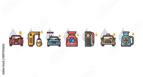 Collection of car icons and fuel station equipment.