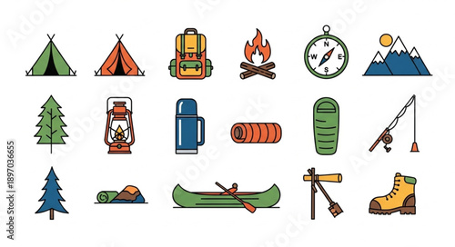 Collection of camping and outdoor adventure icons.