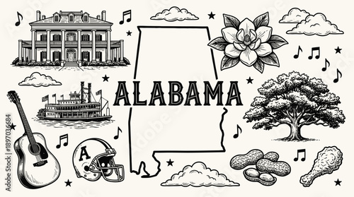 Alabama State Cartoon Vector – Fun Hand-Drawn Icons Featuring State Map, Guitar, Capitol, Flowers, Football Helmet, and Steamboat for Travel and Cultural Design