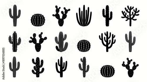 Cactus Silhouette Vector Set – 18 Black Icons of Desert Plants Including Saguaro, Barrel, and Prickly Pear for Nature, Western, and Botanical Design