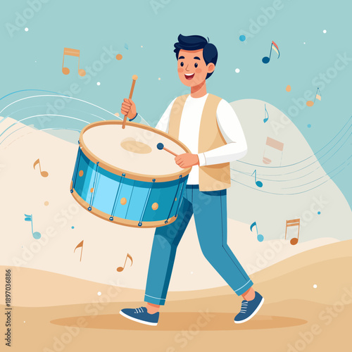 Modern Character With Ramadan Drum Flat Vector Illustration Pastel Colors
