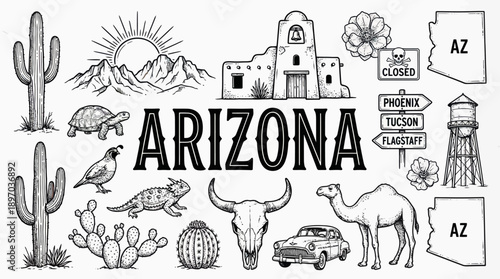 Arizona State Cartoon Vector – Hand-Drawn Icons Featuring Desert Wildlife, Cactus, Map, Route Signs, Mission, and Classic Car for Travel, Culture, and Southwestern Design